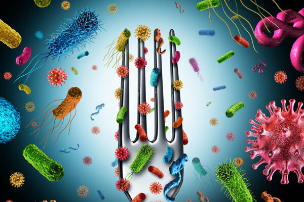 Bacteria and germs on food as a cutlery fork with dangerous cells on the surface as salmonella listeria causing poisoning and illness as a health and medical symbol as a 3D illustration.