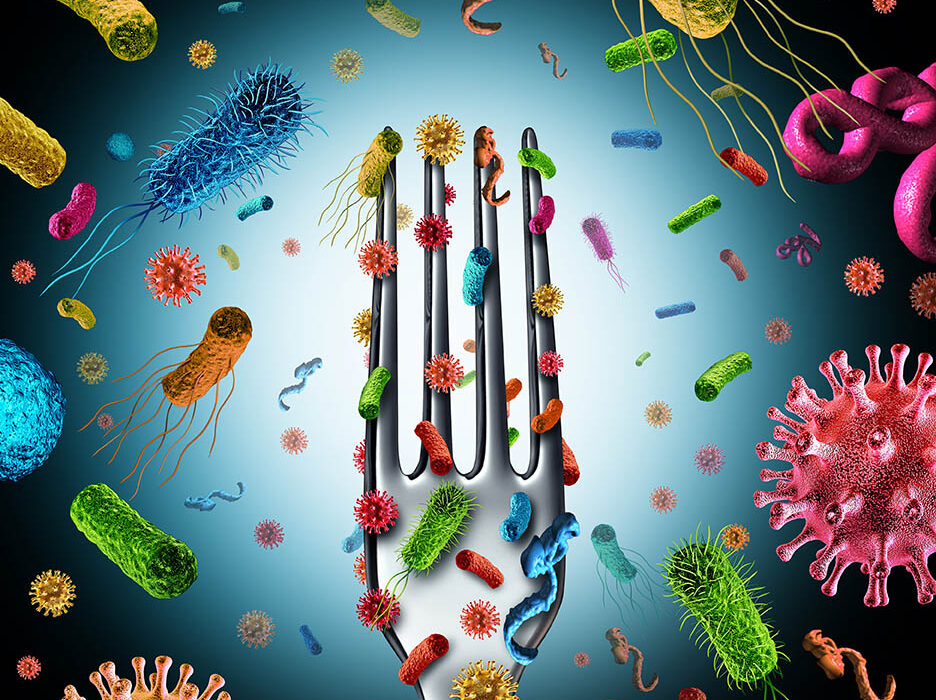 Bacteria and germs on food as a cutlery fork with dangerous cells on the surface as salmonella listeria causing poisoning and illness as a health and medical symbol as a 3D illustration.