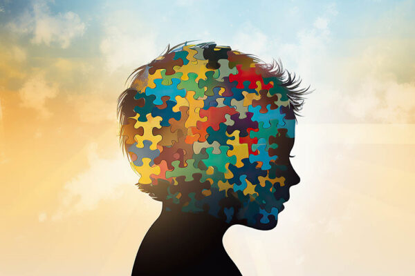 Silhouette of a child's head filled with multicolored puzzle pieces representing complex thinking and autism mental health concept